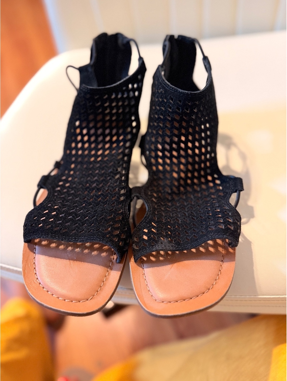 Lucky Brand Black Open Weave Suede Sandals with Back Zipper